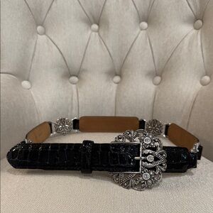 Brighton Black Croc-Embossed Belt with Ornate Silver Buckle